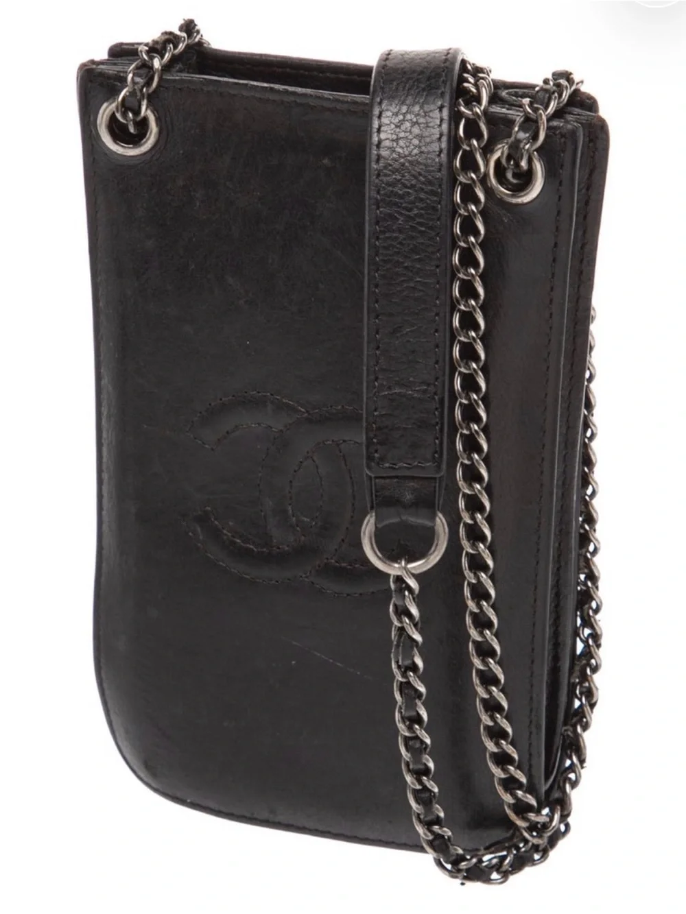 CHANEL Black Lambskin Phone Pouch with Chain Strap